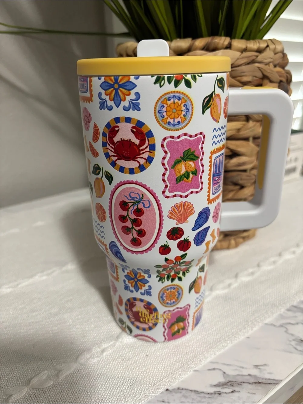 Colorful Fruit & Floral Insulated Travel Mug with Yellow Lid